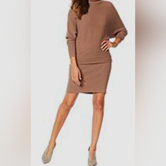 Anna Cai Brown Midi knit sweater Dress turtle neck cozy Dolman Sleeves size L - Picture 1 of 8